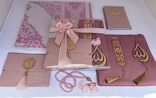 SAIKA Muslim Prayer Rug, 7 in One Gift Set, Prayer Mat Surah Book, Tasbeeh, Scarf, Surah Case, Bookmark, Car Mirror Hanger, Prayer Beads,Islamic Gift for Umrah, Hajj, Wedding, Janamaz (Rose) - color: Rose