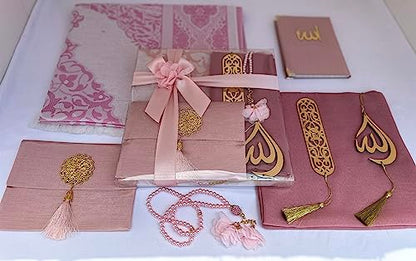 SAIKA Muslim Prayer Rug, 7 in One Gift Set, Prayer Mat Surah Book, Tasbeeh, Scarf, Surah Case, Bookmark, Car Mirror Hanger, Prayer Beads,Islamic Gift for Umrah, Hajj, Wedding, Janamaz (Rose) - color: Rose
