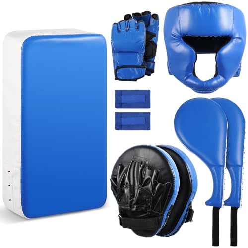 Gemscream 10 in 1 Taekwondo Kick Pad Boxing Training Equipment Set, Focus Pads Boxing Gloves Safety Head Guard Wrist Bands for Kickboxing, Karate, Muay Thai, MMA Training - color: Blue
