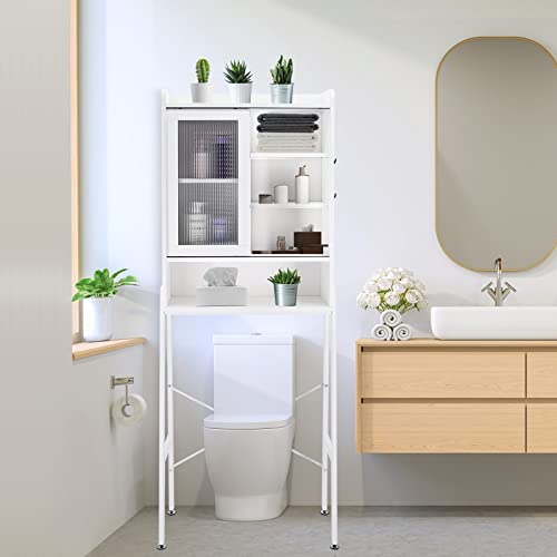 SUNTAGE Over Toilet Storage Cabinet Organizer for Bathroom, Over Toilet Shelf, Freestanding Space Saver with Adjustable Shelves, Acrylic Sliding Door, Wide Open Shelf, 2 Hooks, Classic White - color: Classic White