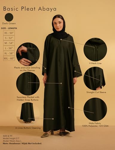 Abaya Dress for Women, Fully Button Up Muslim Abaya in Premium Nida Fabric – Long Sleeve Modest Islamic Maxi Dress - color: Dark Green, size: Large