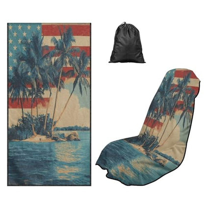 Coconut Tree Print Car Seat Towel Covers Front Seats American Flag Print Car Seat Hoodie Cover 60 x 33 Inch Absorbent Microfiber Towels for Gym Workout, Running, Swimming, Beach Hiking - color: Blue and Red - Coconut Tree American Flag