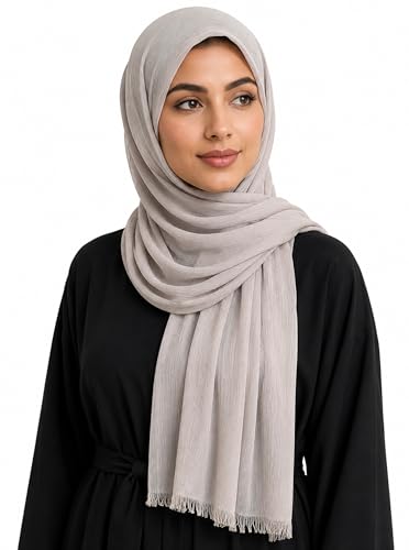 Cotton Linen Plain Hijab Scarf For Women,Muslim Viscose Crinkle Edge With Fringe,Summer Beach Wrap Headwraps Shawl - color: 56#lightgrey