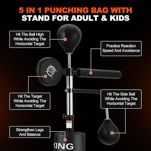 GarveeLife Punching Bag with Stand for Adult with Relax Bar, Speed Bag and Hitting Target, 5 in 1 Heavy Boxing Bag Freestanding, Kickboxing Bag Adjustable Height