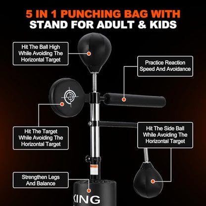 GarveeLife Punching Bag with Stand for Adult with Relax Bar, Speed Bag and Hitting Target, 5 in 1 Heavy Boxing Bag Freestanding, Kickboxing Bag Adjustable Height
