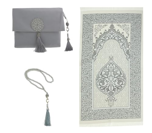 Prien Muslim Prayer Rug with Tasbih and Portable Bag, Muslim Gift for Women Men, Mubarak Islamic Box, Soft Mat Islam Gifts Set, Turkish Sajadah for Ramadan, Eid, Hajj, Travel, Pray (Grey) - color: Grey