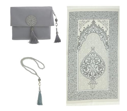 Prien Muslim Prayer Rug with Tasbih and Portable Bag, Muslim Gift for Women Men, Mubarak Islamic Box, Soft Mat Islam Gifts Set, Turkish Sajadah for Ramadan, Eid, Hajj, Travel, Pray (Grey) - color: Grey