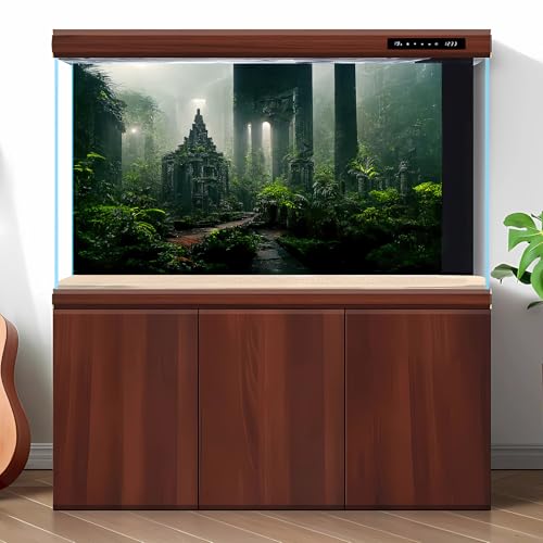 Fantasy Ancient Temple Aquarium Background Jungle Stone Columns Mysterious Foggy Rainforest Green Plants Fish Tank Background Magical Misty Rock Ruins Reptile Tank Enclosure Backgrounds 24x12in - color: Foggy Green, size: 24(W)x12(H)inches/ 60(W)*30cm(H)