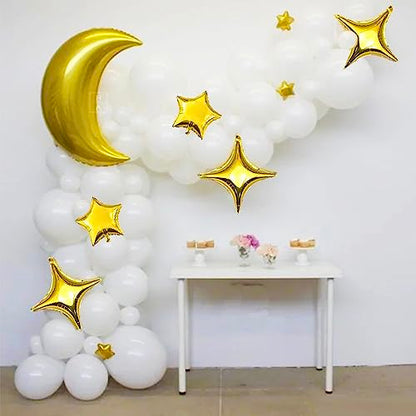 50Pcs 10 Inch Gold Star Foil Balloons Gold Star Shape Mylar Balloon Kit with 60Pcs Balloon Glue Point and 5Pcs Straws for Birthday Baby Shower Engagement Anniversary Wedding Party Decoration - style: Golden Four Point Star Balloons