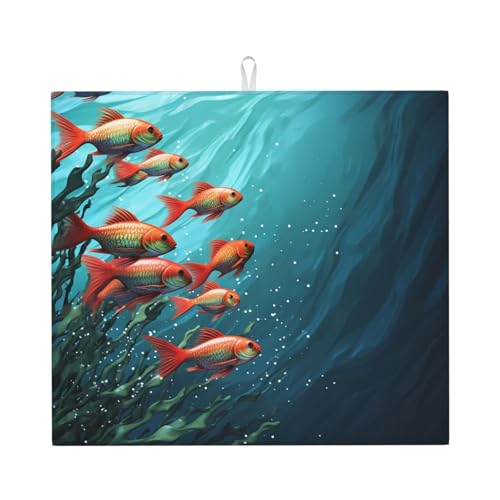 Fish aquarium Dish Drying Mat for Kitchen Counter 18"x16" Super Absorbent Microfiber Dish Drying Pad Non-slip Drainer Mats Extra Large Dish Rack Pad Kitchen Drying Mat