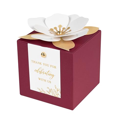 FEIYI 20 PCS Burgundy Gift Boxes, 3 In 1 Favor Boxes with Floral Decor, White Thank You Tags Gift wrapping for Wedding, Christmas, Baby Shower, Birthday, Decorations Party - 3.55x3.55x3.55 - color: Burgundy, size: Large-(3.55")