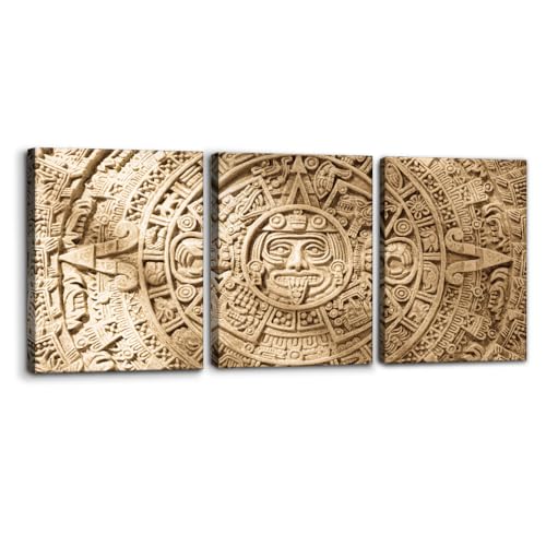 Pacimo 3 Pieces Framed Wall Art Decorations Aztec Calendar Painting Print on Canvas Mayan Civilization Wall Art for Home Office Decor Aztec Culture Modern Artwork Ready to Hang - 12"x16"x3 - color: Wallart-02, size: 12"x16"x3 Panels