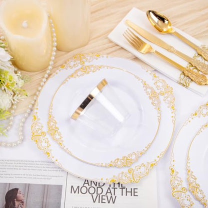 Hioasis 175pcs White and Gold Plates - White Party Plates for 25 Guest, Include 50 Heavy-duty Plates(20% Thicker Than Standard), 25 Cutlery Set, 25 Napkin, 25 Cups for Party & Wedding & Graduation - color: White and Gold