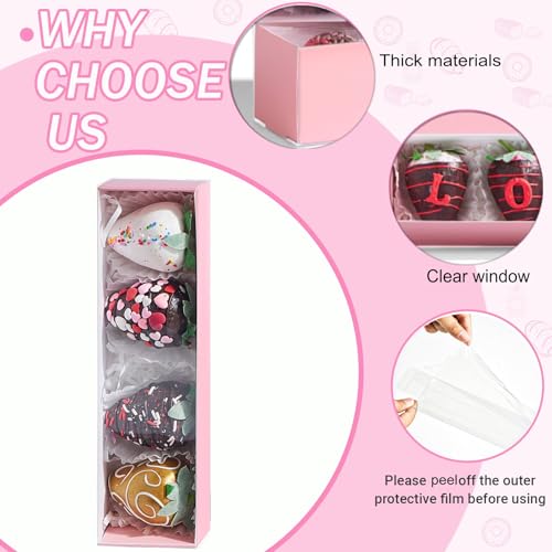 25Pack Pink Chocolate Covered Strawberry Box for 4, Macaron boxes, Long Treat Box for Truffles, Cookies, Ores, Chocolate Cocoa Bombs&Cake Ball Bakery Packaging Supplies - color: Pink