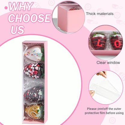 25Pack Pink Chocolate Covered Strawberry Box for 4, Macaron boxes, Long Treat Box for Truffles, Cookies, Ores, Chocolate Cocoa Bombs&Cake Ball Bakery Packaging Supplies - color: Pink