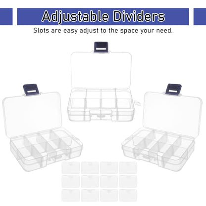 12 Pack 8 Grids Small Plastic Divider Organizer Box, Clear Bead Storage Container with Removable Dividers, Grid Compartment for Small Parts, Screw and Craft, 4.1"x 2.6"x 0.9"