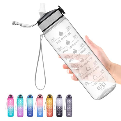 Hyeta Water Bottle with Straw & Time Marker, Plastic 32oz Leakproof | Motivational Tritan BPA Free Gym Office Outdoor Intake Tracker Hourly Reminder Straw Lid Carry Strap - color: transparent