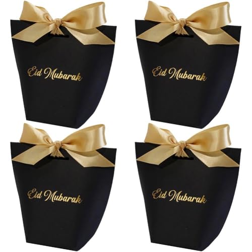 50pcs Eid Mubarak Gift Boxes,Candy Small Gift Boxes with Ribbon,Muslim Ramadan Party Favour Bags,Islamic Gift Boxes,Eid Favour Boxes for Candies,Goodies,Ramadan Eid Party Decoration - color: Black