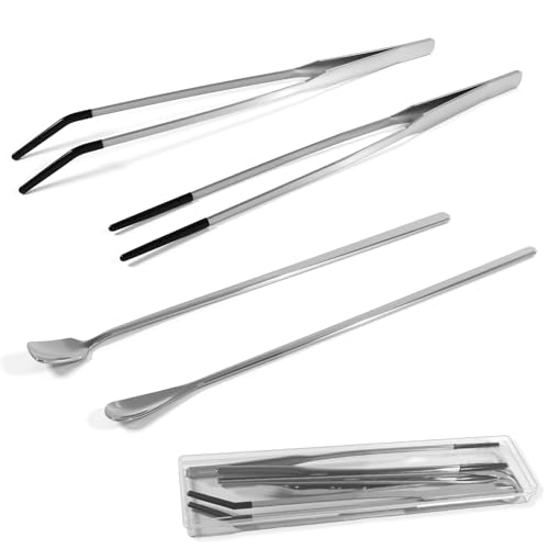 4 Pcs Reptile Feeding Tools Set with Silicone Tips - Extra Long Straight & Curved Tongs, Spoons - Stainless Steel Terrarium Feeder Kit for Bearded Dragons, Lizards, Snakes, Spiders, Aquarium