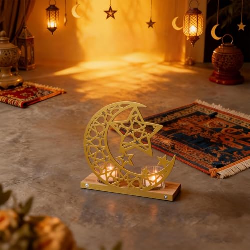 Gold Ramadan Decorations for Home, Star and Crescent Moon Silhouette Tealight Candle Holder with 2 Glass Votives, Wooden Tray Eid Mubarak Table Decor Centerpiece, Islamic Ramadan Kareem Gifts
