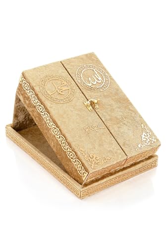 Special Design Quran Velvet Box with Stand with Allah and Muhammad Written | Special Quran Holder Stand | Islamic Gift | Perfect Ramadan,Eid,Birthday,Umrah Gift for Muslim Women Men Child (Gold) - color: Gold