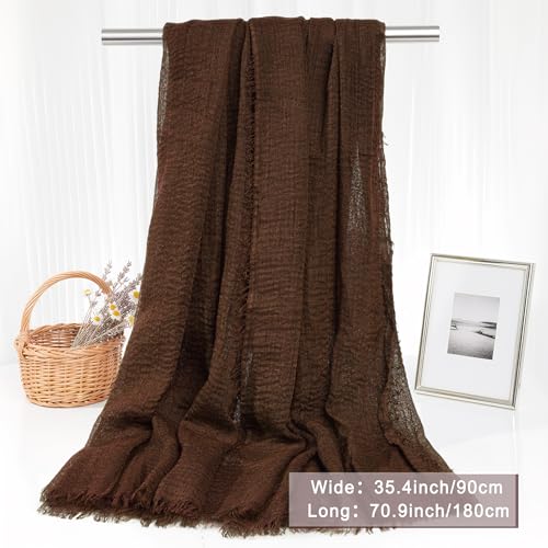 Nydotd Women Summer Cotton Linen Scarf Crinkle Long Beach Shawl Wrap hijab with Fringe - color: Dark Brown