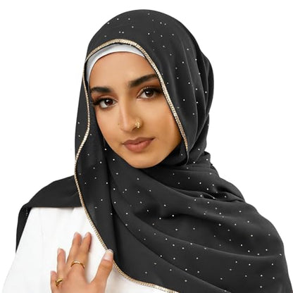 Hijab Scarf for Women Soft Chiffon Rhinestone Long Scarf Shawl Fashion Muslim Hijab Head Wrap Scarves - color: Black