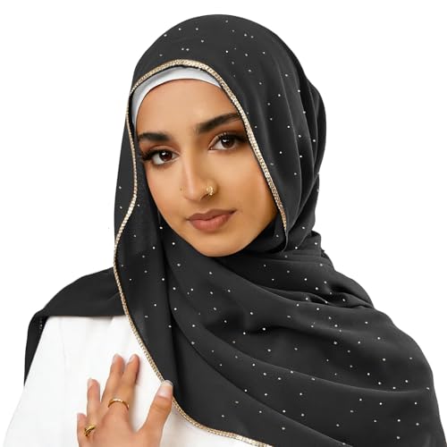 Hijab Scarf for Women Soft Chiffon Rhinestone Long Scarf Shawl Fashion Muslim Hijab Head Wrap Scarves - color: Black