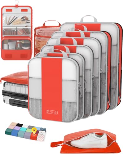 OlarHike 10 Set Compression Packing Cubes for Travel Essentials,Compressible Expandable Space Saver Bags for Organizing Clothes,Luggage Suitcase Garment Bags with Over 1000 pcs Mesh Holes(Orange) - color: Orange