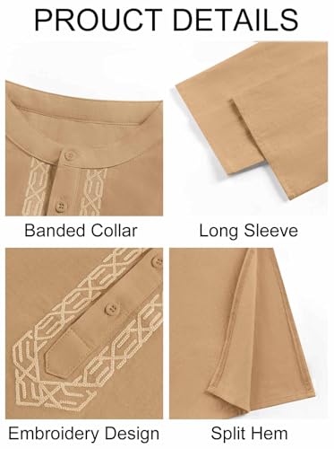Runcati Mens Kaftan Thobe Button Down Casual Henley Shirts Long Sleeve Robe Cotton Linen Muslim Gown Shirt - color: Khaki, size: Medium