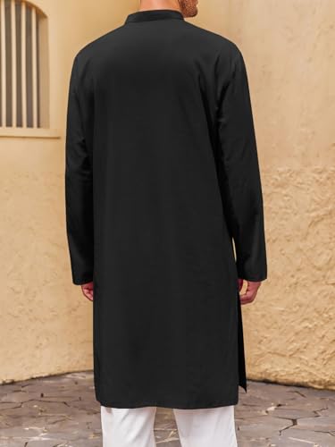 Runcati Mens Kaftan Thobe Button Down Henley Shirts Robe Long Sleeve Casual Cotton Pleated Muslim Gown Shirt - color: Black, size: Medium