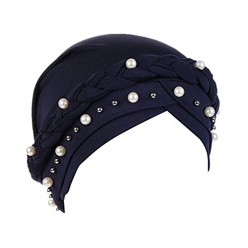 Fxhixiy Women Chemo Beanie Beaded Pearl Braid Turban Headwear for Hair Loss - color: Navy Blue