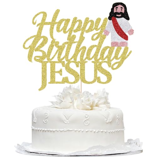 Happy Birthday Jesus Cake Topper,Good Friday Cake Decoration, Jesus is Reason for the Season for Nativity Scene Christmas Birthday Party Decorations,Christmas Religious - color: Gold (Silver)