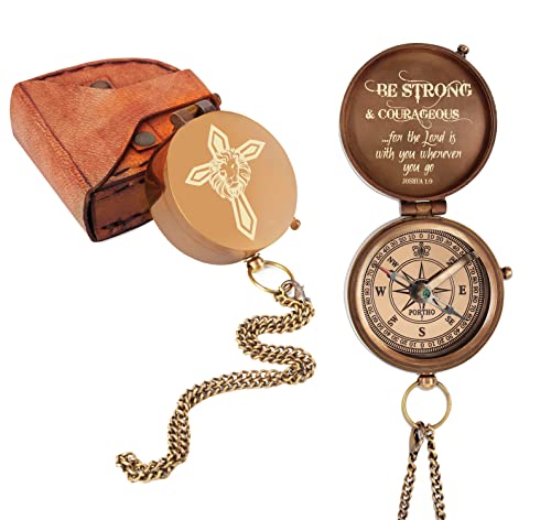 Be Strong and Courageous Engraved Brass Religious direction Compass Gift Joshua 1:9 with Leather Pouch for Gift Confirmation Baptism, Christian
