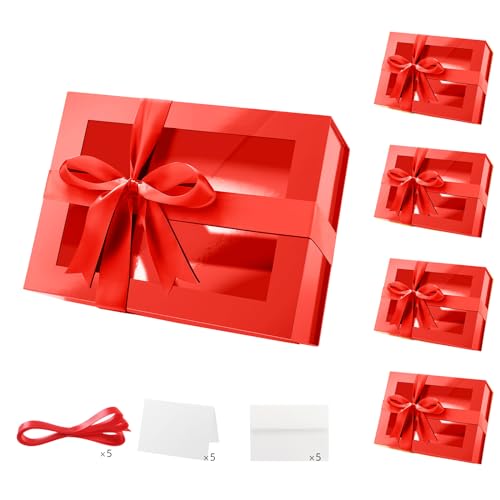 PACKQUEEN 5 Red Clear Magnetic Lids Gift Boxes with Windows 9x6.5x3.8 In - color: Red-9x6.5x3.8 Inches-Pack of 5