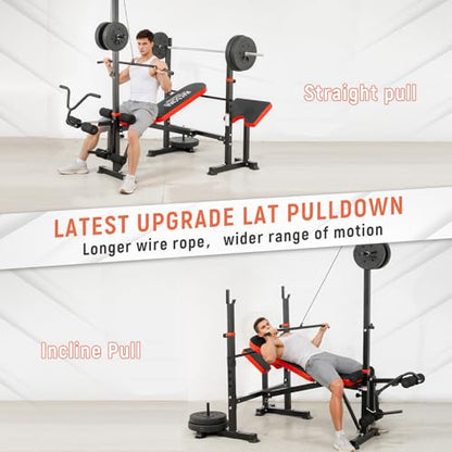 MAIDOMA Foldable 1500LBS Capacity 8 IN 1 Weight Bench Set with Leg Extension/Squat Rack/Preacher Curl, Adjustable Bench Press for Home Gym Full Body Workout (US Stock) - color: 레드