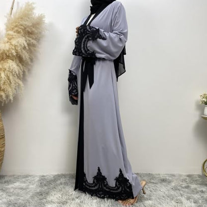 AFAVOM Women Turkey Abaya Islamic Muslim Prayer Dress Embroidered Cardigan Kaftan Dubai Robe Casual Turkish Modest Dress - color: Gray, size: XX-Large