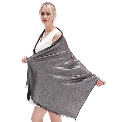 LMVERNA Women's Sparkling Metallic Soft Pashmina Shawls and Wraps Scarf in Solid Colors - color: Black-silver