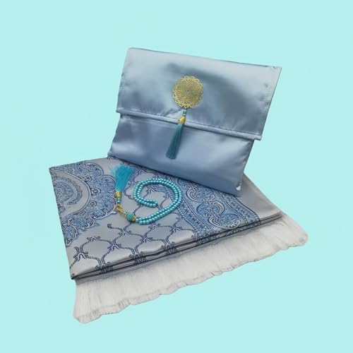 Ramadan & Eid Gift Set - Islamic Prayer Rug with Tasbih Beads, Premium Prayer Mat in Gift Bag or Box, Ideal for Muslim Men & Women (Blue - Bagged) - color: Blue - Bagged