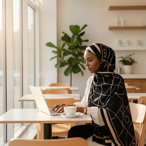 Hijab Modest and Elegant | Beautifully Designed Printed Chiffon Patterns | Muslim Women Head Scarf and Veil - color: Black - G