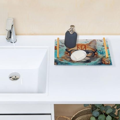 Cat Fish Vanity Tray,Bathroom Tray,Jewelry Storage Dresser Tray Kitchen Sink Toilet Tank Tray Organizer for Candle Plant Perfume Shampoo Towel Home Decor 7.87 * 11.81in 2011087