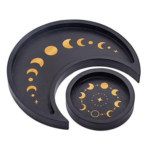 Mooncraftlogy Crescent Moon Tray Crystal Holder Set, Wooden Tray for Stones