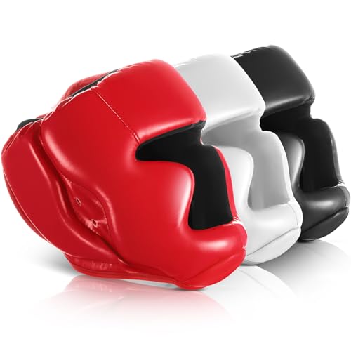 Jenaai 3 Pack Boxing Headgear Adjustable Padded Safety Head Guard MMA Training Sparring Kickboxing Muay Thai Martial Art Karate Taekwondo Helmet Gift for Valentines Adult Men Women - color: Black, Red, White