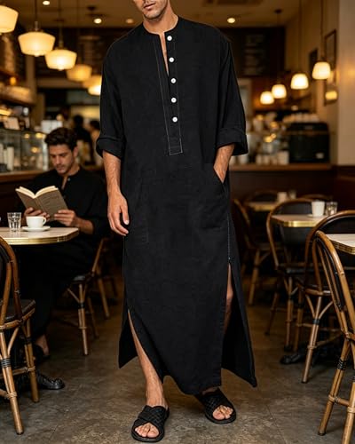 Jacansi Men's 65% Cotton 35% Linen Long Sleeve Kaftan, Button Down Ankle Length Thobe with Side Split & Pocket - color: Black, size: 3X-Large
