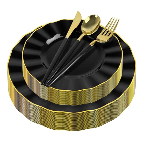 150Pcs Plastic Plates with Gold Rim,Heavy Duty Black Plates for 30 Guests,Plastic Dinnerware Set Include 30 Dinner Plate,30 Dessert Plate,90 Gold Cutlery Set for Party (Black) - color: Black