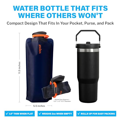 Vapur Collapsible Water Bottle with Carabiner - 34oz (1L), Night Blue - Flexible and Lightweight Water Bottle for Travel, Concert, Hiking, and Outdoor Adventures - BPA-Free, Dishwasher-Safe, Freezable - color: Night Blue
