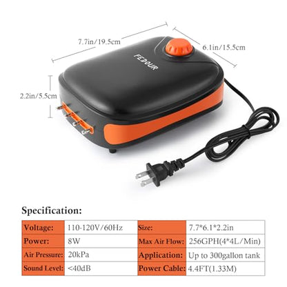 4W/5W/8W Aquarium Corded Electric Air Pump, 96GPH/160GPH/256GPH Dual Outlets 4 Outlets Oxygen Pump, Ultra Quiet Aquarium Bubbler for up to 300 Gallon Fish and Turtle Tank