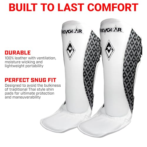 Revgear Superlite Light Weight Leather Shin Guards | for Martial Arts and MMA - color: White, size: X-Large