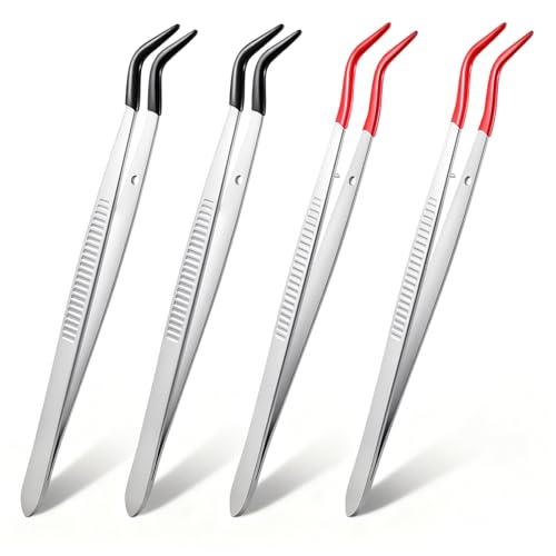4 PCS Long Craft Tweezers with Rubber Tips Set, Curved Bent and Straight Pvc Coated Non Marring Soft Tweezers for Stamps Beads Coins Stainless Steel Jewelry Tools (Red, Black) 6 Inch