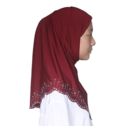Girls Hijab with Rhinestones – Sparkly Non-Slip Amira Scarf for Kids, for Daily Prayer, School, Ramadan & Eid (Ages 4-12) - color: Wine Red-wavy Edge